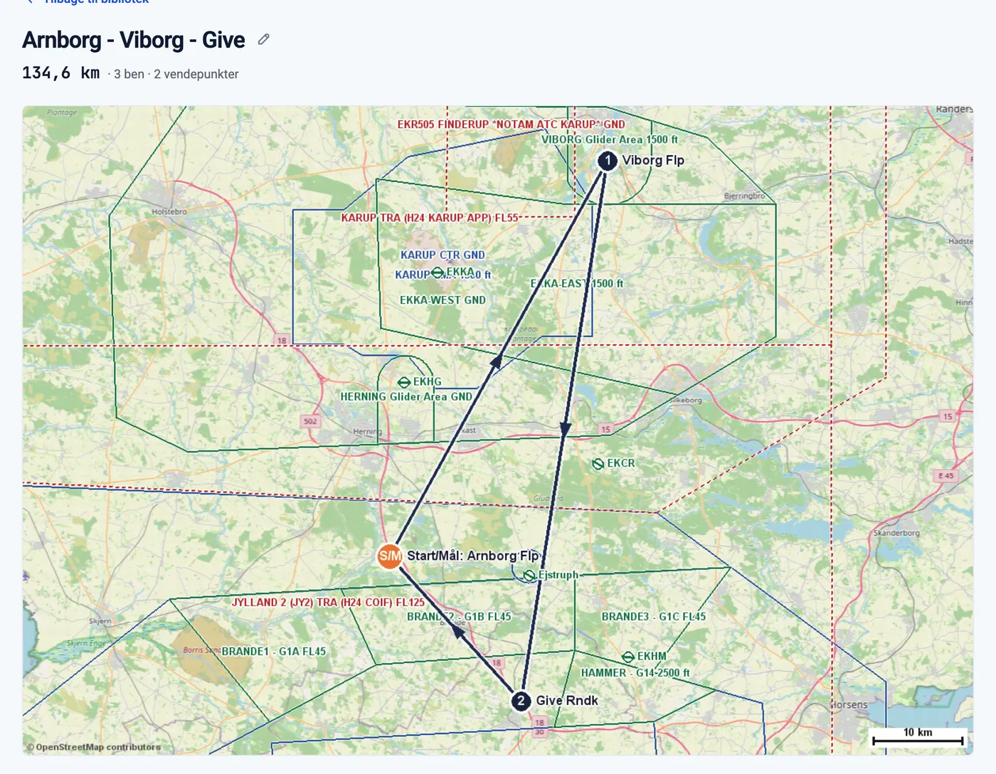 Opgaven Arnborg - Viborg - Give i Startstedet med ruten tegnet ind på kortet, vendepunkterne nummereret og luftrummet lagt ovenpå