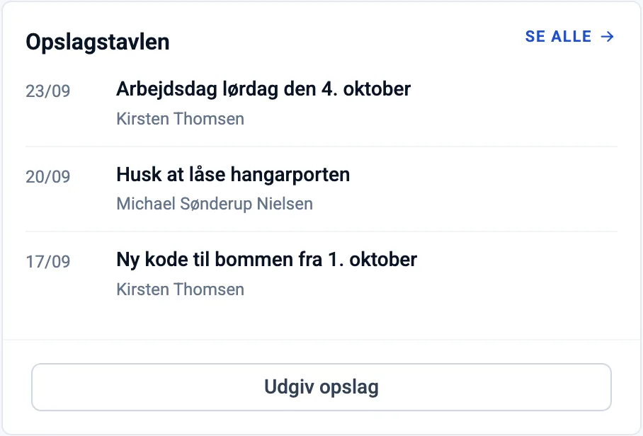 Boksen Opslagstavlen på dashboardet med de øvrige opslag med dato og afsender, og en knap til at udgive et nyt opslag