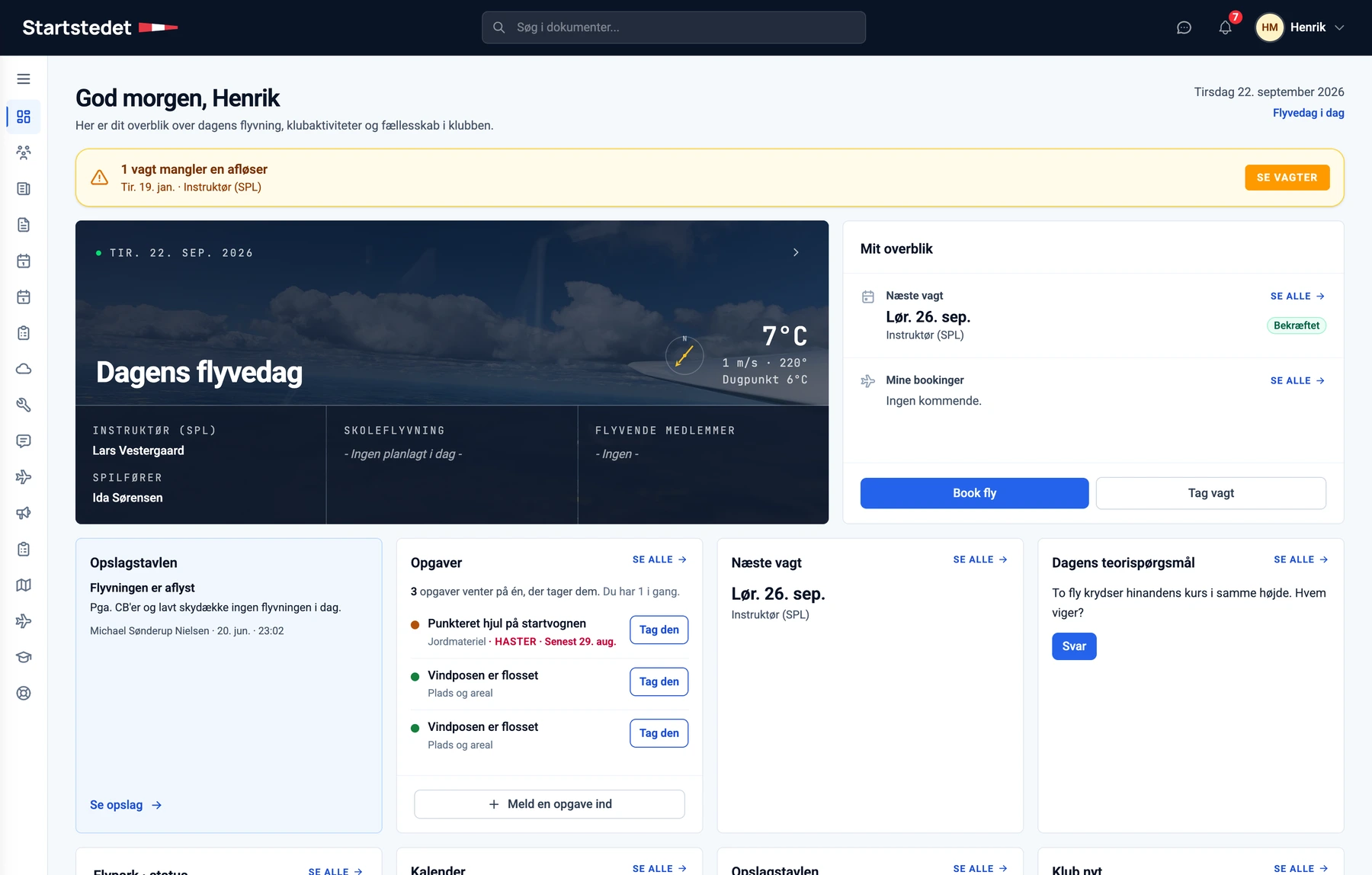Startstedets dashboard med dagens flyvedag, vagter, opgaver, flystatus og klubnyt
