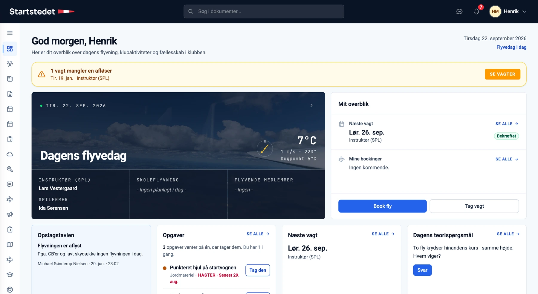 Startstedets dashboard med dagens flyvedag, instruktør, spilfører, vejr og åbne opgaver