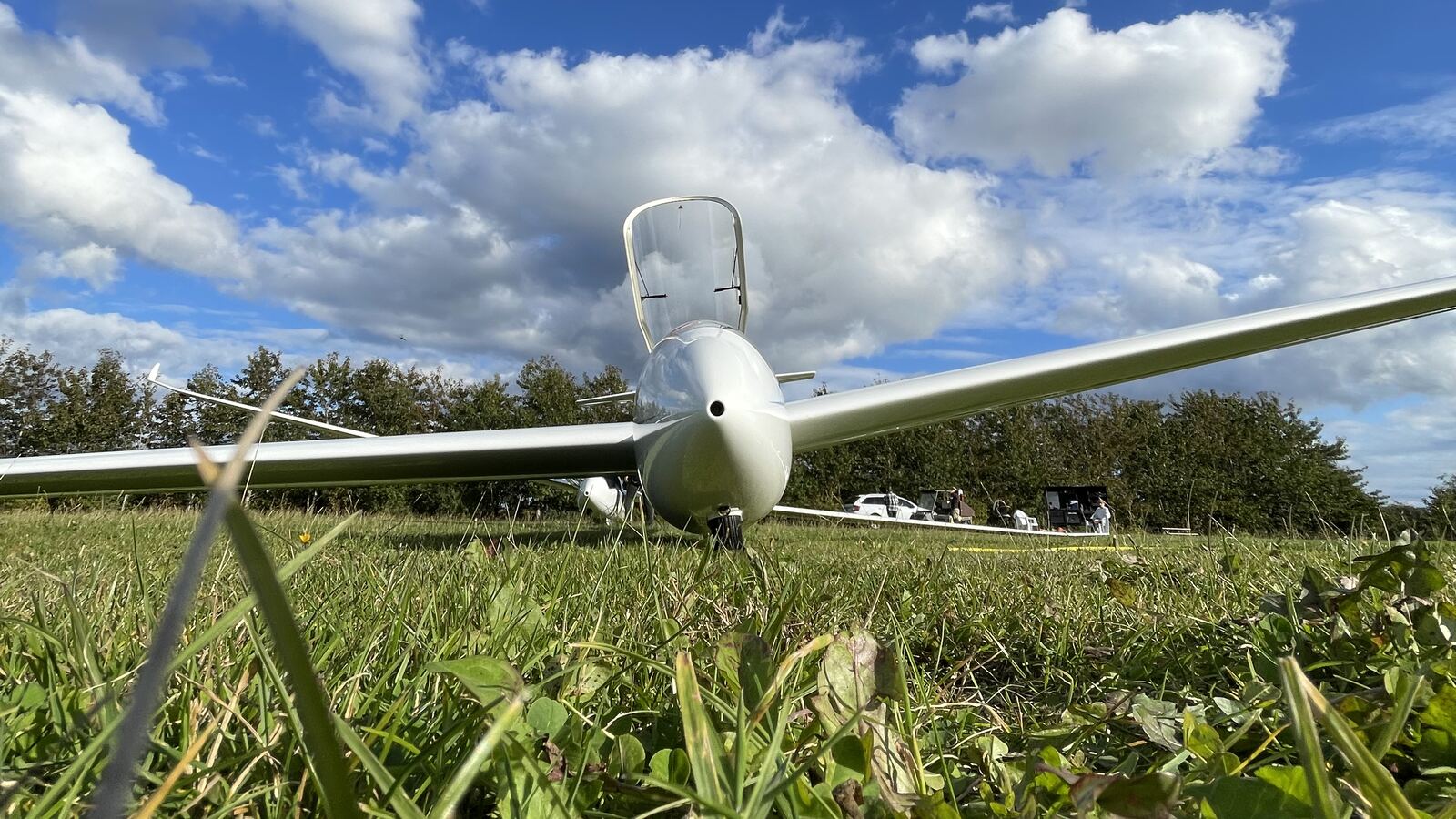Svævefly set forfra i græsset på flyvepladsen med vingerne strakt ud til begge sider og klubbens biler i baggrunden