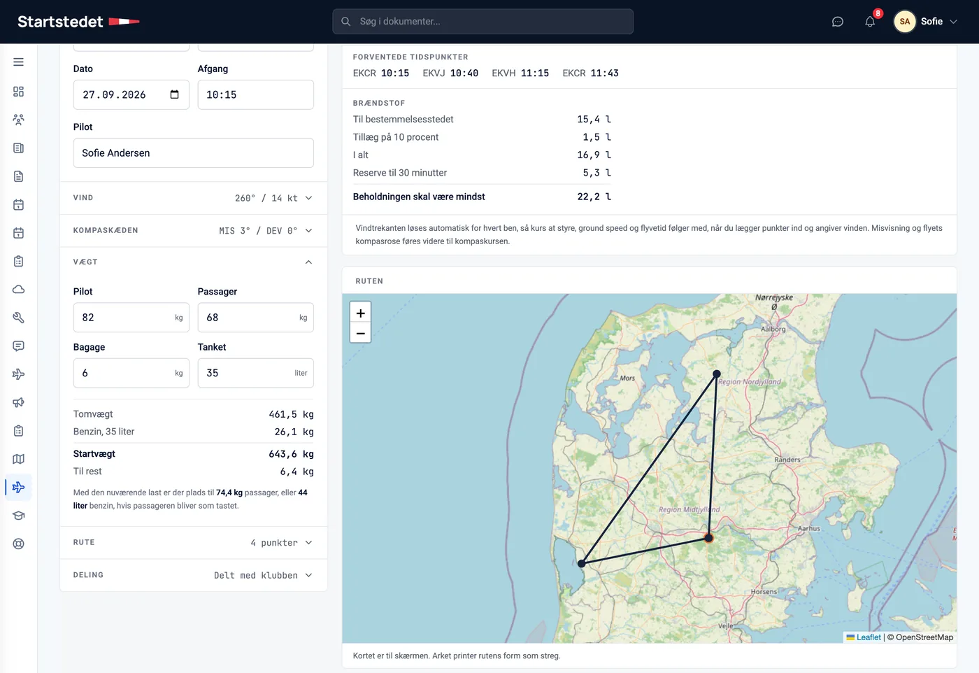 Vægtafsnittet på driftsflyveplanen med felter til pilot, passager, bagage og tanket mængde, og under dem tomvægt, benzinens vægt, startvægt, resten op til grænsen, og sætningen om hvor meget passageren må veje eller hvor mange liter der er plads til