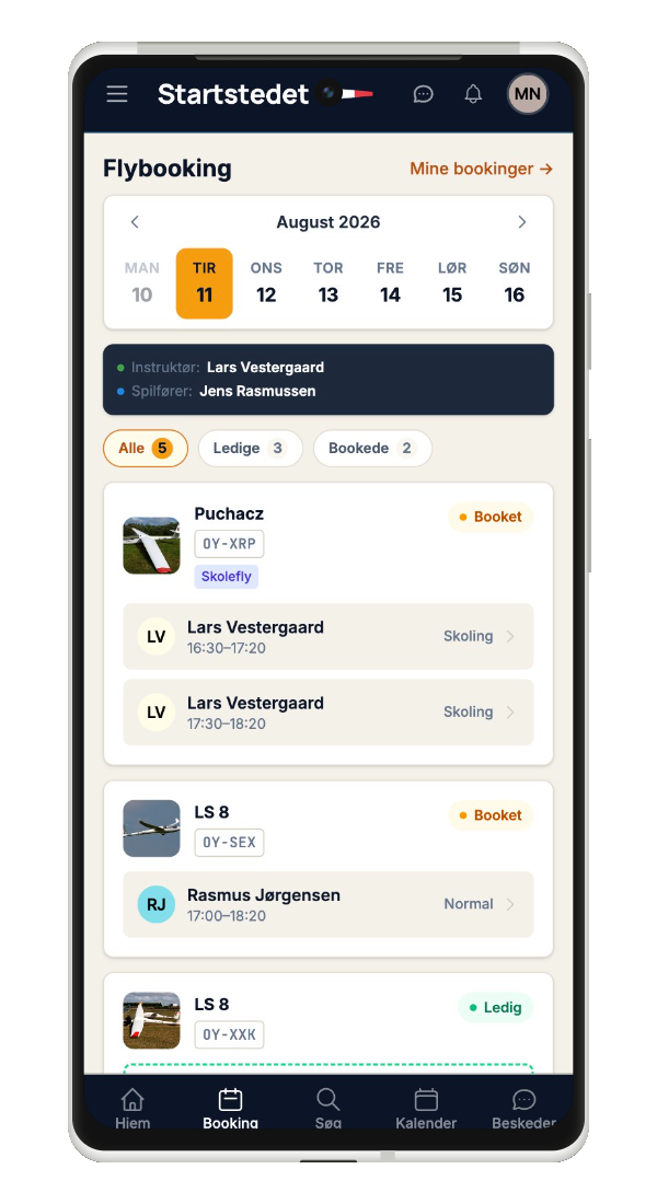 Flybooking i Startstedet-appen med kalender og ledige fly for dagen