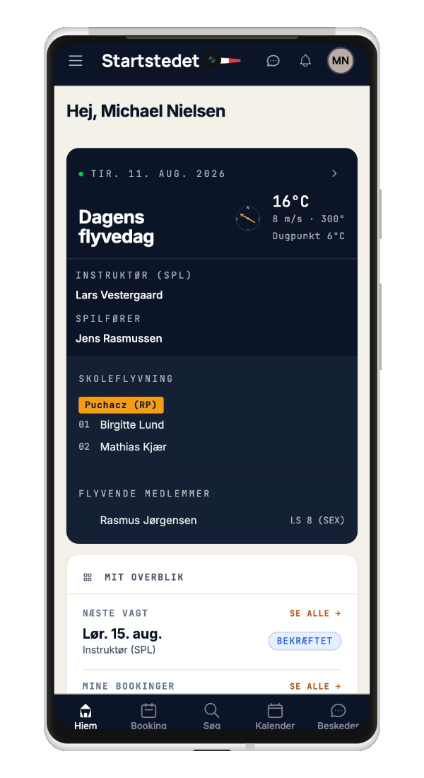 Startstedet-appen på mobil med dagens flyvedag, vejr, instruktør, spilfører og skoleflyvning