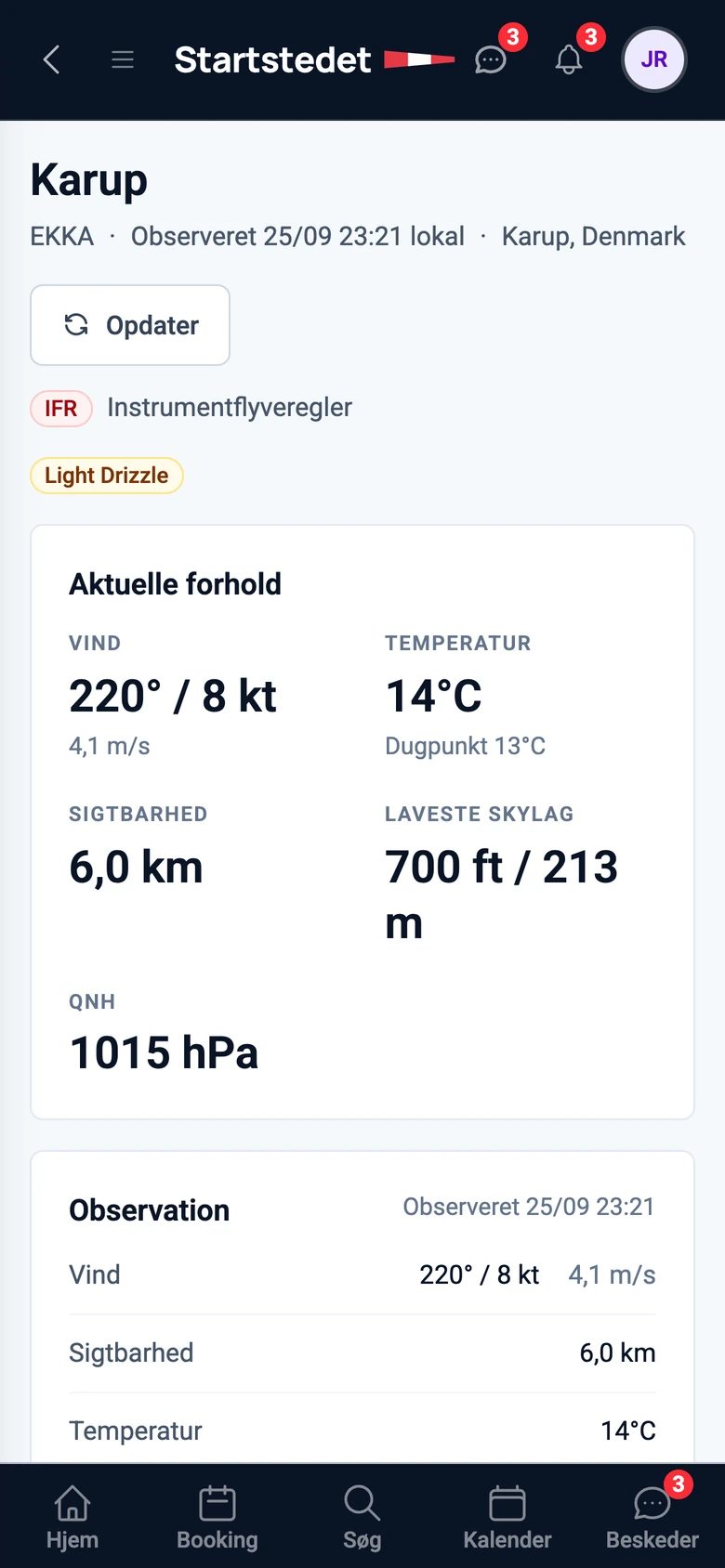 Vejrsiden i webappen med den seneste observation fra Karup, flyveregler, vind, sigtbarhed, laveste skylag og QNH